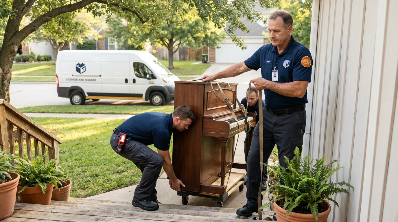 Licensed piano movers securing grand piano in Long Island City, NY