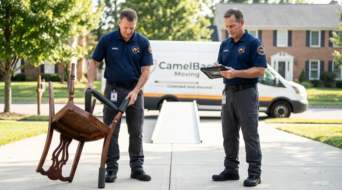 Movers inspecting furniture for damage prevention before loading in Long Island City, NY