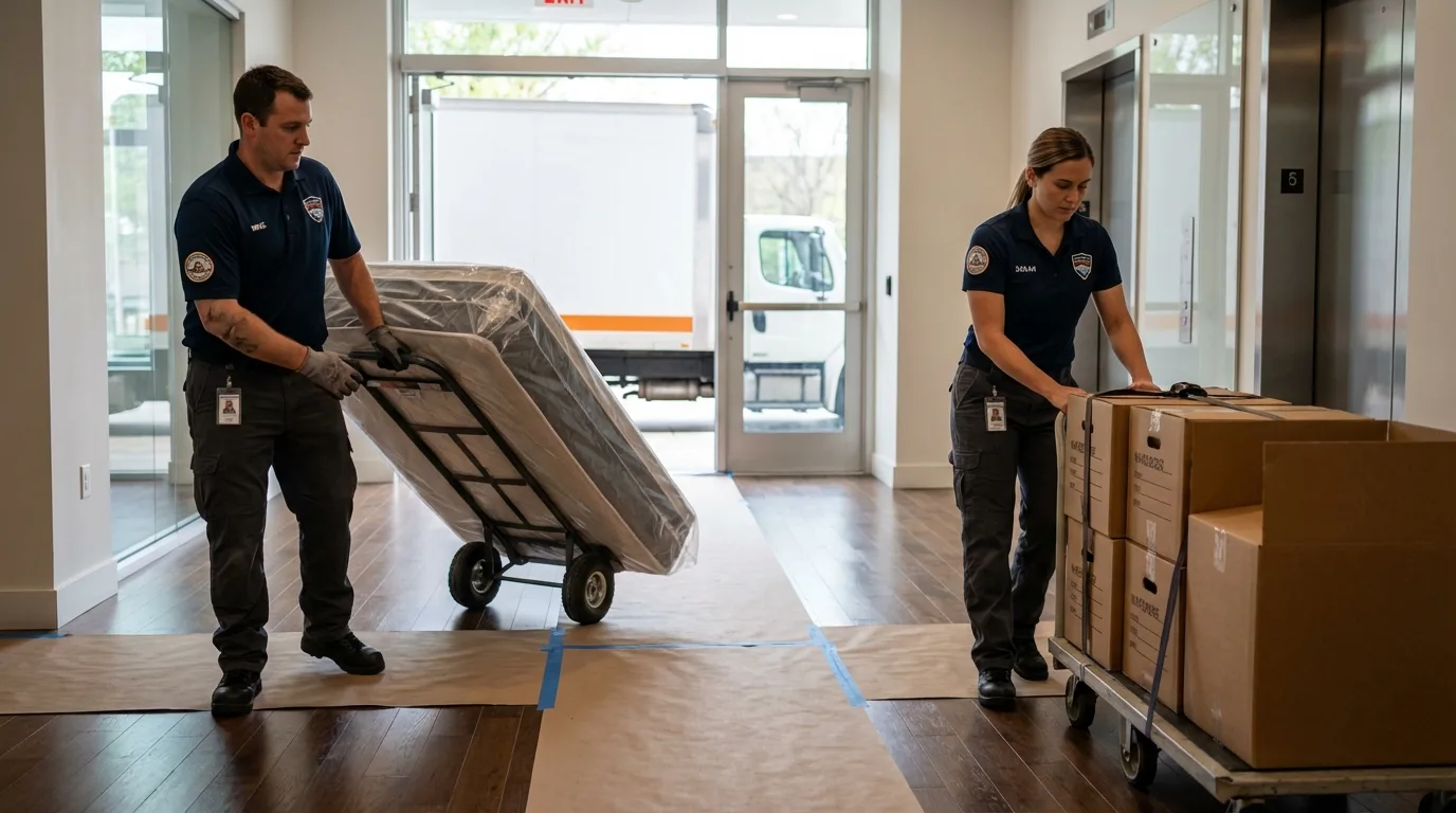 Professional apartment movers loading elevator in Long Island City, NY
