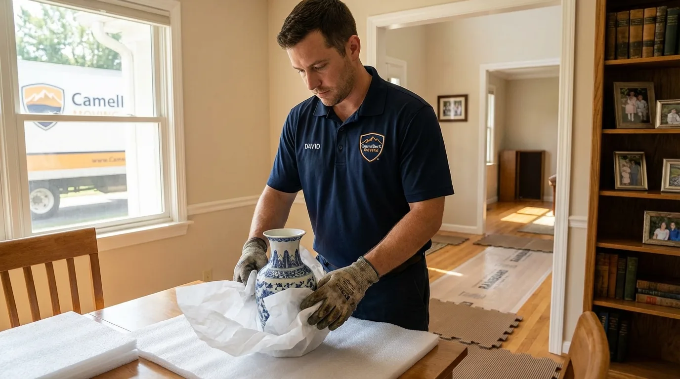 Professional crew carefully wrapping antique vase for senior downsizing move in Long Island City, NY