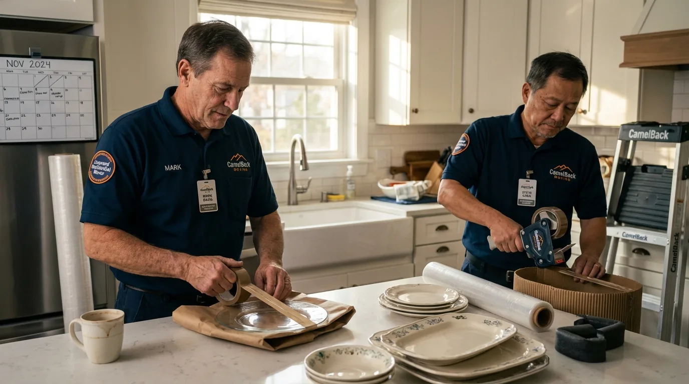 Professional crew packing kitchen dishware in Long Island City, NY